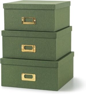 Soul & Lane Green Kraft Paper Boxes for Storage – Set of 3 Square Stacking Boxes with Lids and Gold Label Holders, Decorative Photo Storage, Nesting Cardboard Set for Decor and Organizing