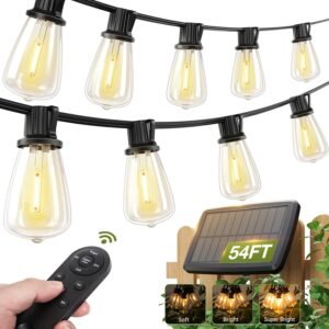 addlon 54(48+6) FT Solar String Lights Waterproof,Patio Lights Solar Powered with Remote & USB Port 15+1 LED Shatterproof Bulbs 3 Light Modes, Dimmable Solar Lights for Camping Backyard Garden