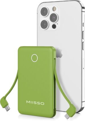 6000mah Ultra Slim Built in Cables Power Bank, Card Size Built in USB C Cords Battery Pack Portable Charger for Phones, 3 Output External Battery Pack Compatible with iPhone, Samsung, Google, Green