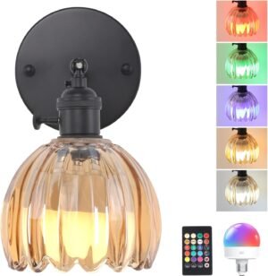 Vintage Battery Operated Wall Sconce with Amber Tulip Glass Lampshade Wireless Rechargeable Battery Powered Black Wall Light with Remote Control for Bedside Bedroom Doorway