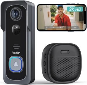 BOIFUN Wireless Doorbell Camera with Chime – 166° Wide Angle View, 2K HD Video, Quick Wake Up and Motion Detection, 6700mAh Battery, Intelligent HDR Night Vision, Two-Way Audio (No Subscription)