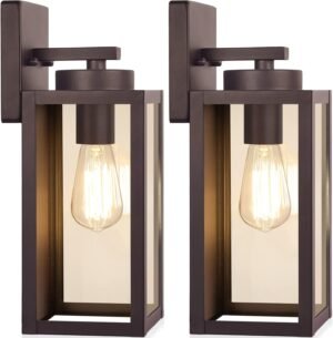 Outdoor Wall Light Fixtures, Exterior Waterproof Wall Lanterns, Brown Porch Sconces Wall Mounted Lighting with E26 Sockets & Glass Shades, Modern Wall Lamps for Patio Front Door Entryway, 2-Pack
