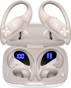 PocBuds Bluetooth Headphones Wireless Earbuds 80hrs Playtime Wireless Charging Case Digital Display Sport Ear buds with Earhook Deep Bass IPX7 Waterproof Over-Ear Earphones for Phone Laptop Pearl Gray