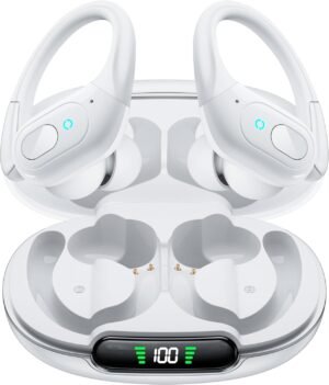 occiam Wireless Earbuds Bluetooth Headphones 90H Playback Sport Ear Buds with Earhook LED Display Charging Case in Ear Sweatproof Running Earphones for Workout iOS Android Cellphone,White