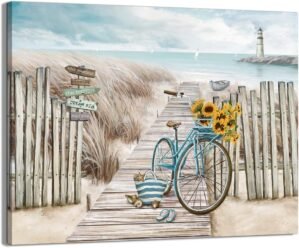 LAIART Beach Canvas Wall Art for Bathroom With Fence Wooden Path Bike Decor Lighthouse Print Pictures Artwork (11″x15″)…