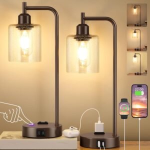 Innqoo Industrial Touch Table Lamps – 3-Way Dimmable Desk Lamps Set of 2 with USB C+A Ports and Outlet, Brown Bedside Lamps with Clear Glass Shade for Living & Bedrooms