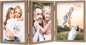 3 Picture Frame 4×6 Triple Hinged MDF Wood Grain with Glass Front Three Opening Photo Frame Stand Vertical on Tabletop