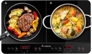 Aobosi Double Induction Cooktop Burner with 240 Mins Timer, 1800w 2 Induction Burner with 10 Temperature 9 Power Settings, Portable Induction Cooktop with Touch Sensor Control & Child Safety Lock