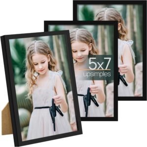 upsimples 5×7 Picture Frame Set of 3, Made of High Definition Glass for 5 x 7 Black Frames, Wall and Tabletop Display Thin Border Photo Frame for Home Décor