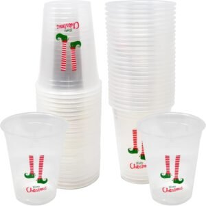 Gift Boutique – 50 Pack Disposable Plastic Merry Christmas Cups 16 oz. Elf Legs Feet Design Clear Drinking Cup Winter Xmas, Beverage for Adults Kids Festive, Tableware Party Supplies Decorations
