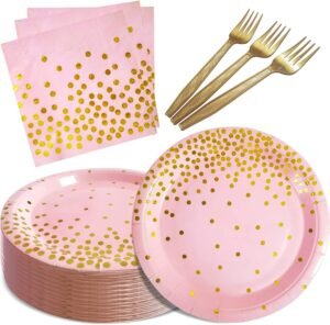 Pink and Gold Party Supplies,Serves 35 Guests Pink Paper Plates and Napkins,Disposable Party Paper Plates for Birthday Wedding Party Decorations