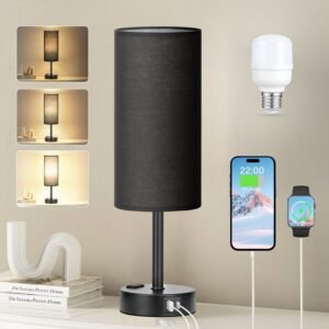 Black Bedroom Lamp for Nightstand – 3 Way Dimmable Bedside Lamp USB C A Charging Ports and AC Outlet, Small Table Lamp Black Base for Living Room, Office Desk, LED Bulb Included