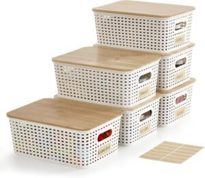 Small Plastic Storage Bins with Bamboo Lids 5.2qt Stackable Box Basket Pantry Decorative Containers Cute with Lable for Organizing Desktop Closet Office Cream White of 6 packs 10*7.2*4.1’’