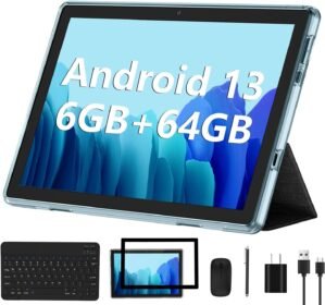 Android 13 Tablet 2023 New 10 Inch Tablets with 6GB RAM + 64GB ROM + 1TB Expanded Ouad-Core, 2 in 1 Tablet with Keyboard Mouse WiFi 6 Bluetooth, GMS Certified IPS Touch Screen Tablet – Blue Set