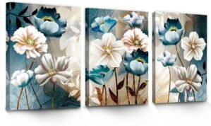 SERIMINO 3 Piece Lotus Flower Canvas Wall Art for Living Room, Blue Floral Picture Wall Decor for Dining Room Bedroom, Art Print Painting for Home Decorations 12″X16″