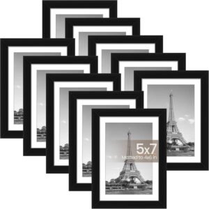 upsimples 5×7 Picture Frame Set of 10, Display Pictures 4×6 with Mat or 5×7 Without, Multi Photo Frames Collage for Wall or Tabletop Display, Black