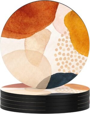 Nipichsha Coasters for Drinks, Set of 6 Cute Absorbent Rubber Drink Coasters for Cup with Non Slip Backing, Kitchen Home Decor Housewarming Gift, Round 4 in, Simple Abstract Art