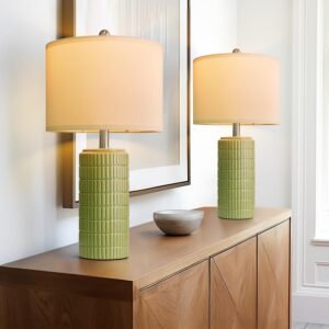 PoKat 23″ Green Ceramic Table Lamps Set of 2, Farmhouse Table Lamps for Living Room, Modern Lamps for Bedroom Night Stands, Traditional Nightstand Desk Lamps, Medium