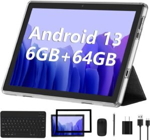 Android 13 Tablet 2023 New 10 Inch Tablets with 6GB RAM + 64GB ROM +1TB Expanded Ouad-Core,2 in 1 Tablet with Keyboard Mouse WiFi 6 Bluetooth,GMS Certified IPS Touch Screen Tablet – Silvery Set