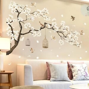 Large White Flower Wall Stickers, 50″x74″ Removable DIY Romantic Cherry Blossom Tree Wall Murals Peel and Stick 3D Wall Art Stickers Home Decor for Gilrs Bedroom Nursery Rooms Living Room