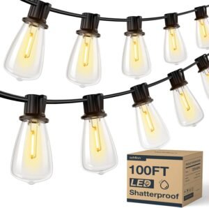 addlon 100FT(50FT*2) LED Outdoor String Lights Waterproof Patio Lights with 32 Shatterproof ST38 Replaceable Bulbs(2 Spare), Dimmable Outside Hanging Light Connectable for Porch, Backyard, 2200K