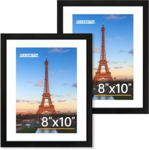 FIXSMITH 8×10 Picture Frame Set of 2, Photo Frame with HD Plexiglass, Display Pictures 5×7 with Mat or 8×10 Without Mat Multi Picture Frames Collage for Tabletop or Wall Display, Black