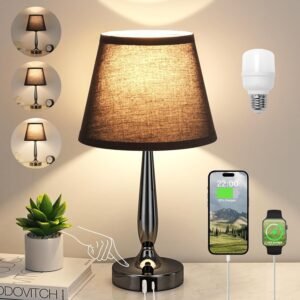 Kakanuo Touch Bedside Lamp for Bedroom with USB C Port, Small Touch Table Lamp with 2 USB Charging Ports, 3 Way Dimmable Nightstand Lamp for Living Room and Office – Black (LED Bulb Included)