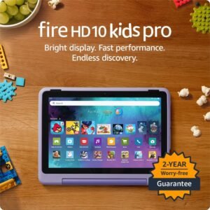 Amazon Fire HD 10 Kids Pro tablet (newest model) ages 6-12. Bright 10.1″ HD screen, includes ad-free content, robust parental controls, 13-hr battery and slim case for older kids, 32 GB, Happy Day