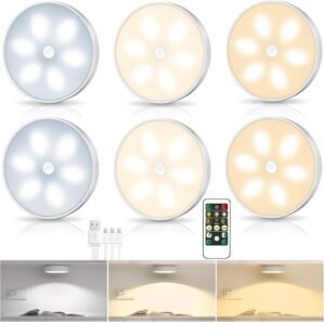 3 Colors Temperatures LED Closet Lights Wireless Motion Sensor Puck Lights Compatible with Charging Station, USB Rechargeable Battery Operated Indoor Lighting Under Cabinet Lights with Remote (6 Pack)