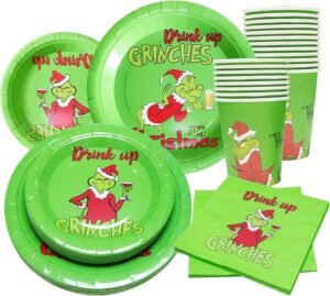 100Pcs Christmas Tableware Set | Festive Green Christmas Characters | Disposable Dinnerware for Christmas Party Decorations | 50 Paper Plates, 25 Napkins, 25 Cups Included