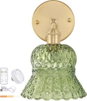 Vintage Battery Operated Wall Sconce, Rechargeable Battery Powered Wall Sconces with Remote Control, Wireless Dimmable LED Light for Bedside Bathroom Living Room (Green Pineapple)