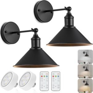 Vintage Black Wireless Battery Operated Wall Sconces, Cordless LED Wall Lights Set of 2 with Remote Control, for Bedroom, Farmhouse, Gallery – Easy Setup, Adjustable Brightness, Long-Lasting Battery