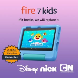 Amazon Fire 7 Kids tablet (newest model) ages 3-7. Top-selling 7″ kids tablet on Amazon. Includes ad-free and exclusive content, easy parental controls, 10-hr battery, 16 GB, Blue
