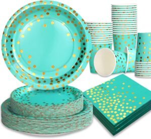 200PCS Teal Plates and Napkins Party Supplies,Teal Paper Plates with Golden Dot Serve 50 Guests，Teal and Gold Birthday Decorations for Women Men Wedding Baby Shower Graduation
