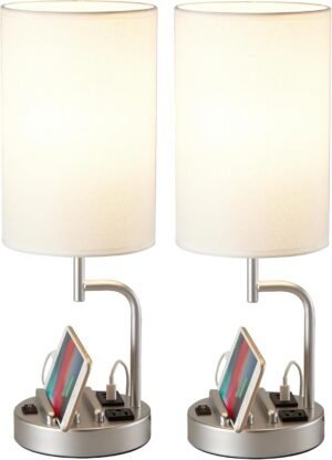 Dreamholder Table Lamp with 3 USB Charging Ports, Modern Desk Lamp with AC Outlet and Phone Stands, Perfect Bedside Lamp for Bedroom, Living Room, Office (Pack of 2), Silver