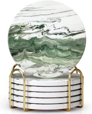 6 Pcs Green Ceramic Coasters with Holder Round Cool Drink Absorbent Coasters Set Best Modern Coffee Table Coasters Art Decorative Coasters Bar Farmhouse Outdoor Coasters Cup Coaster Gift