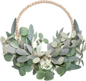 TEMPUS 16” Artificial Wood Bead Eucalyptus Wreath – Indoor/Outdoor Seasonal Farmhouse Door Decor with Artificial Greenery Perfect