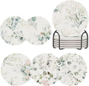 Coasters for Drinks Absorbent with Holder,Abstract Watercolor Eucalyptus Floral Green Leaves Sets of 6 Durable Cup Coaster for Coffee Table Protection,Great Housewarming Birthday Gifts,Home Decor