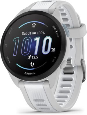 Garmin Forerunner 165 Music, Running Smartwatch, Colorful AMOLED Display, Training Metrics and Recovery Insights, Music on Your Wrist, Whitestone
