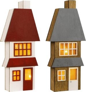 SAILINGSTORY Wooden Christmas Village House with Light Christmas Table Decor 2 pcs Pack
