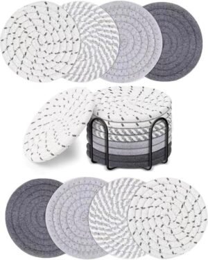 Drink Coasters with Holder, 4 Colors Absorbent Coasters for Drinks, 8 PCS Cup Cotton Woven Set for Coffee Table Home Decor Tabletop Protection
