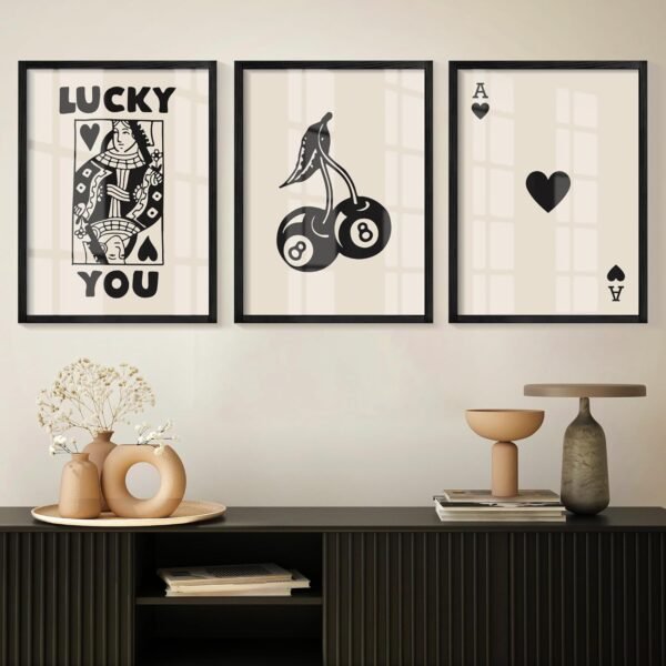 Heiple Framed Set of 3 Poker Wall Art Lucky You Poster, Trendy Retro Print Wall Decor for Queen of Hearts Wall Art Rustic Vintage Farmhouse Home Wall Decor（Black 12″x16″）