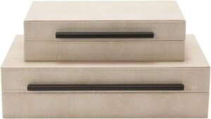 Sagala Set of 2 Ivory Shagreen Decorative Boxes With Black Metal Handles, Faux Leather Jewelry Boxes Modern Storage Boxes Photo Boxes Memory Boxes Home Organizer Box(Ivory), 14.2×8.6×3.5cm