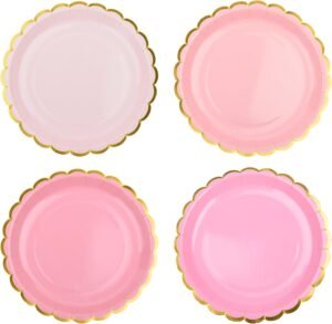 Pink Scalloped Party Plates Gold Foil Border Paper Plates Disposable 9inch Gradient Pink Plates for Pink Bow Birthday Coquette Bridal Baby Shower Valentines Party Supplies (24, Pink)