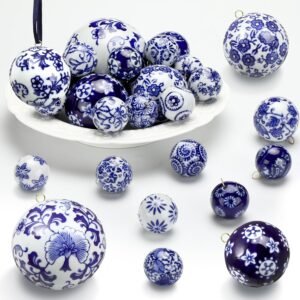 24 Pcs 3.2″, 2.4″, 1.6″, 1.2″ Blue and White Ceramic Balls Decorative Balls for Bowls Chinoiserie Porcelain Decor Orbs Vase Filler Blue White Porcelain Decorative Orbs for Basket Bowl