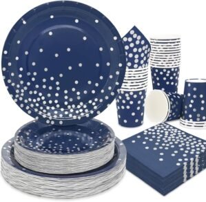 200 PCS Navy Blue Plates and Napkins Party Supplies,Navy Blue Paper Plates Serve 50 Guests,Blue and Silver Birthday Plates Disposable for Wedding Anniversary Retirement Graduation Decorations
