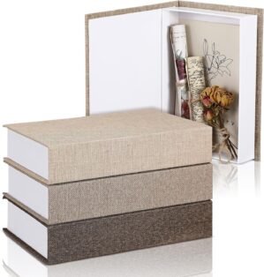 Tioncy 3 Pcs Neutral Linen Book Box for Decoration Faux Book Storage Box Modern Farmhouse for Bookshelf Coffee Table Decor DIY Crafts(8.6 x 6.1 x 1.8 Inch,Khaki, Dark Coffee, Light Coffee)