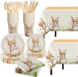 Easter Party Supplies Decorations,147 Pcs Disposable Easter Tableware Set,Easter Themed Dinnerwares with Rabbit Plastic Tablecloth Knives Fork,Paper Plates Napkin Cups for Easter Decorations,Birthday