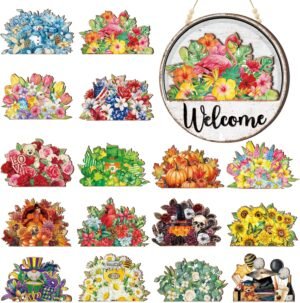 17 Pcs 11.8 Inch Easter Bunny Wreaths Interchangeable Welcome Sign for Front Door with 16 Changeable Icons Magnetic Interchangeable Door Decoration