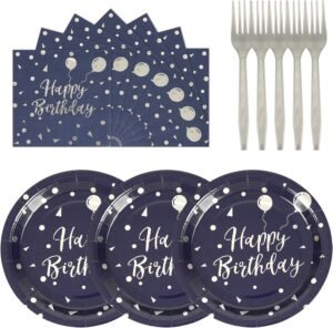 75PCS Happy Birthday Paper Plates – 7 Inch Deep Blue Sliver Dot Paper Plates and 6.5 Inch Napkins with 6.3 Inch Sliver Forks Disposable Tableware Set for Birthday Party Decorations, Serve 25